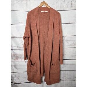 Max Studio Womens Cardigan Size 1X Orange Open Longline Waffle Knit Pockets